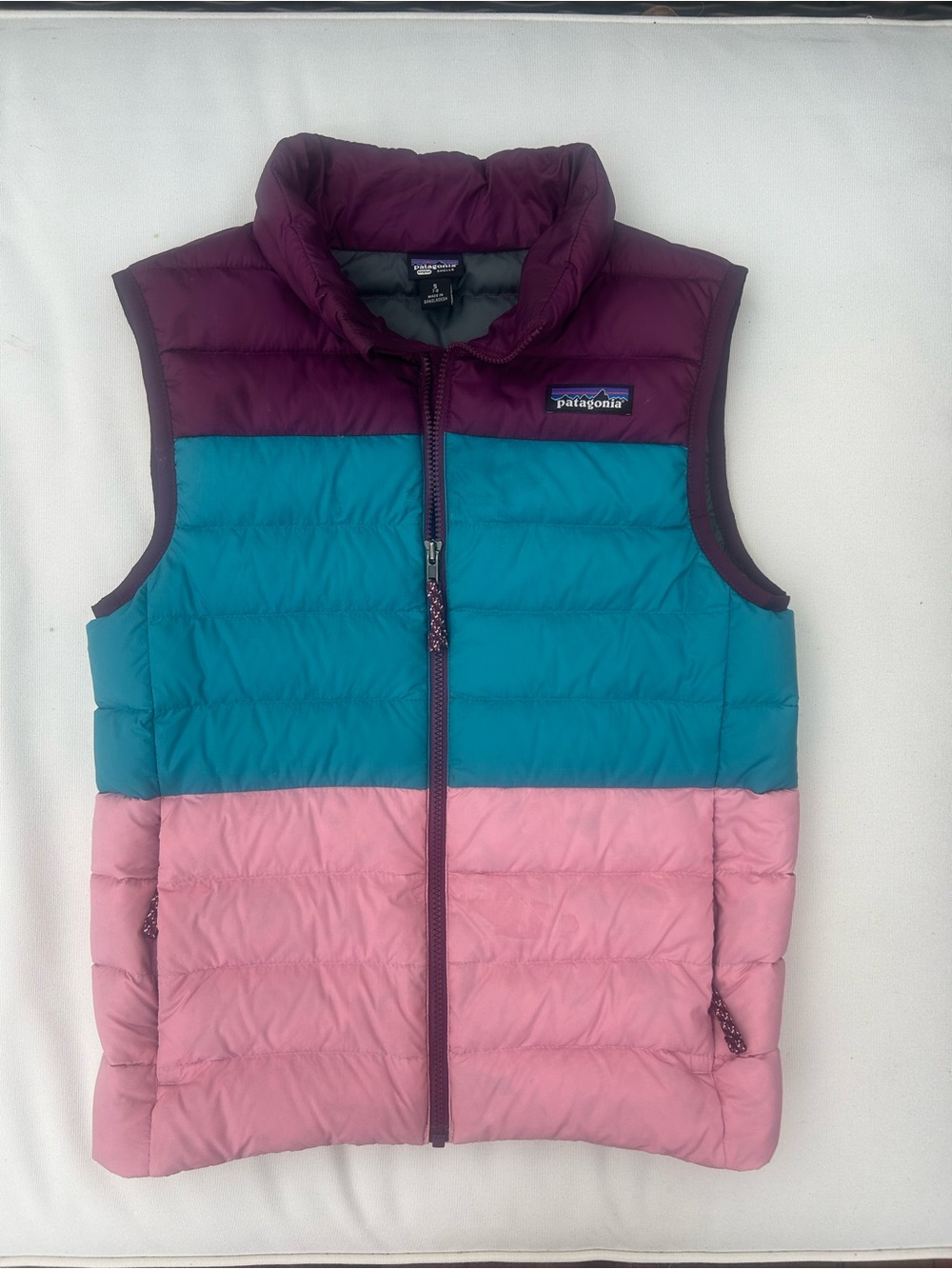 Patagonia Kids Stripe Colorblock Puffer Vest - Plum, Teal & Light Pink, M or 7/8